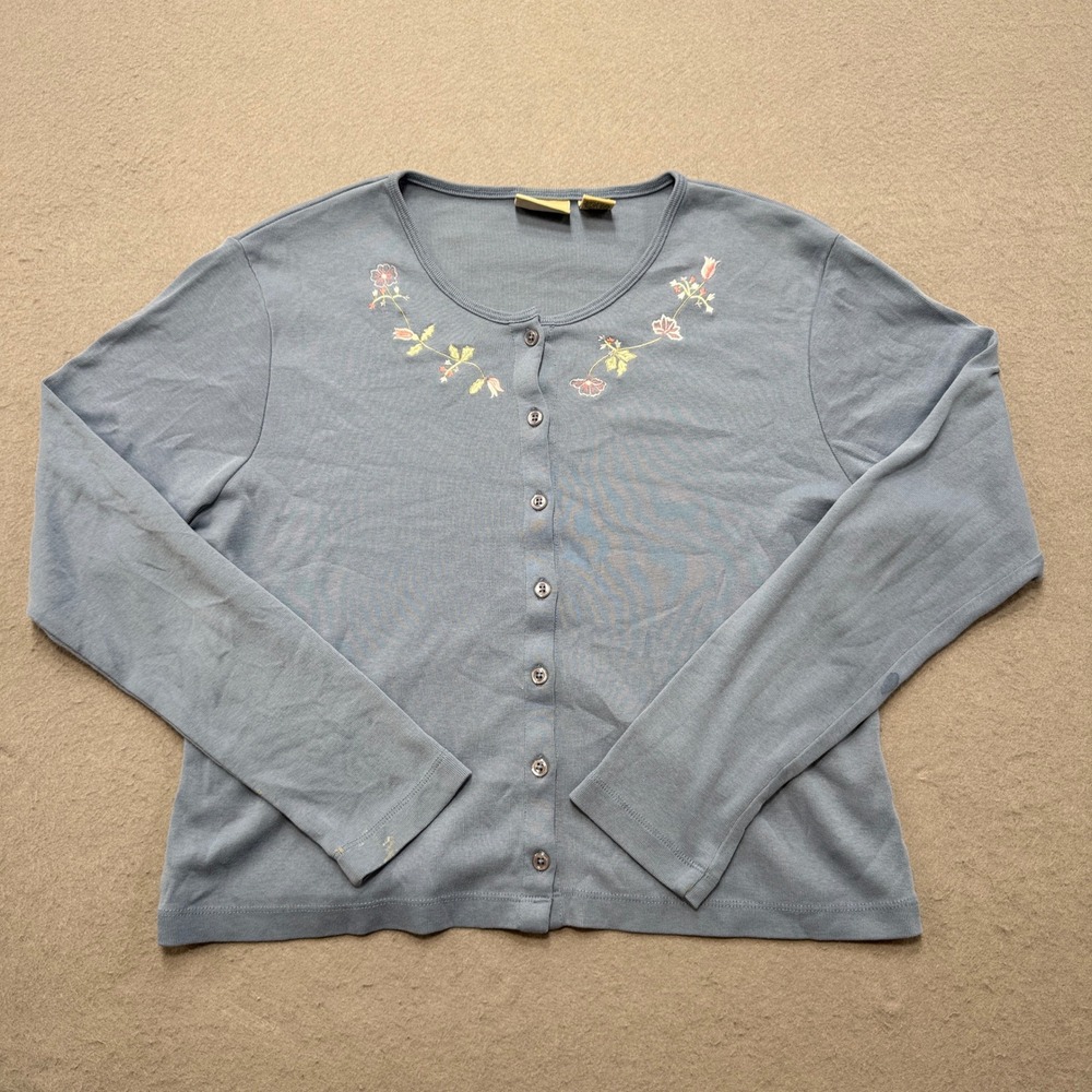 Vintage L.L.Bean Cardigan Sweater Women's Medium Light Blue Floral Button Down